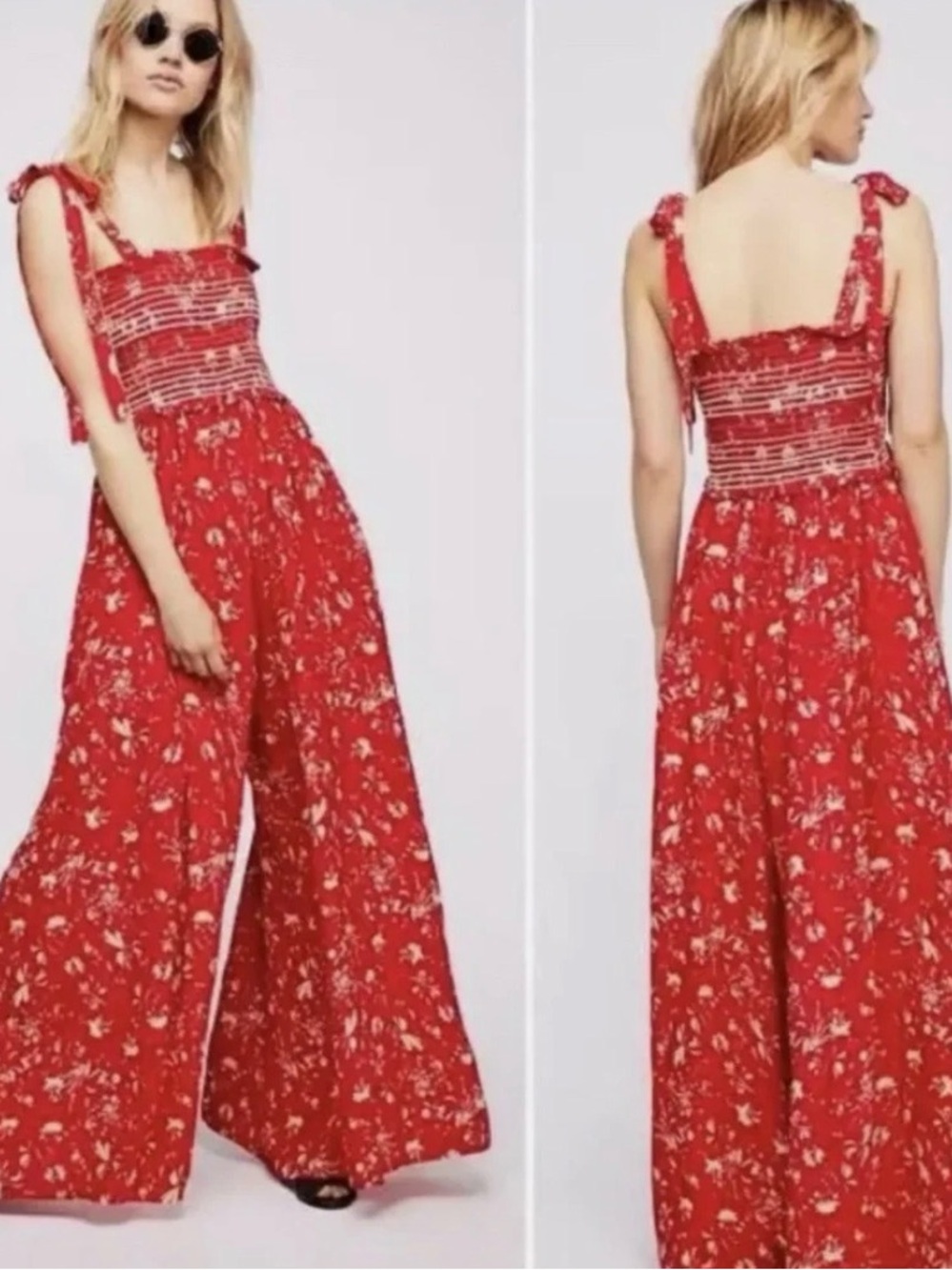 Free People Red Floral Wide-Leg Jumpsuit with Tie Straps
